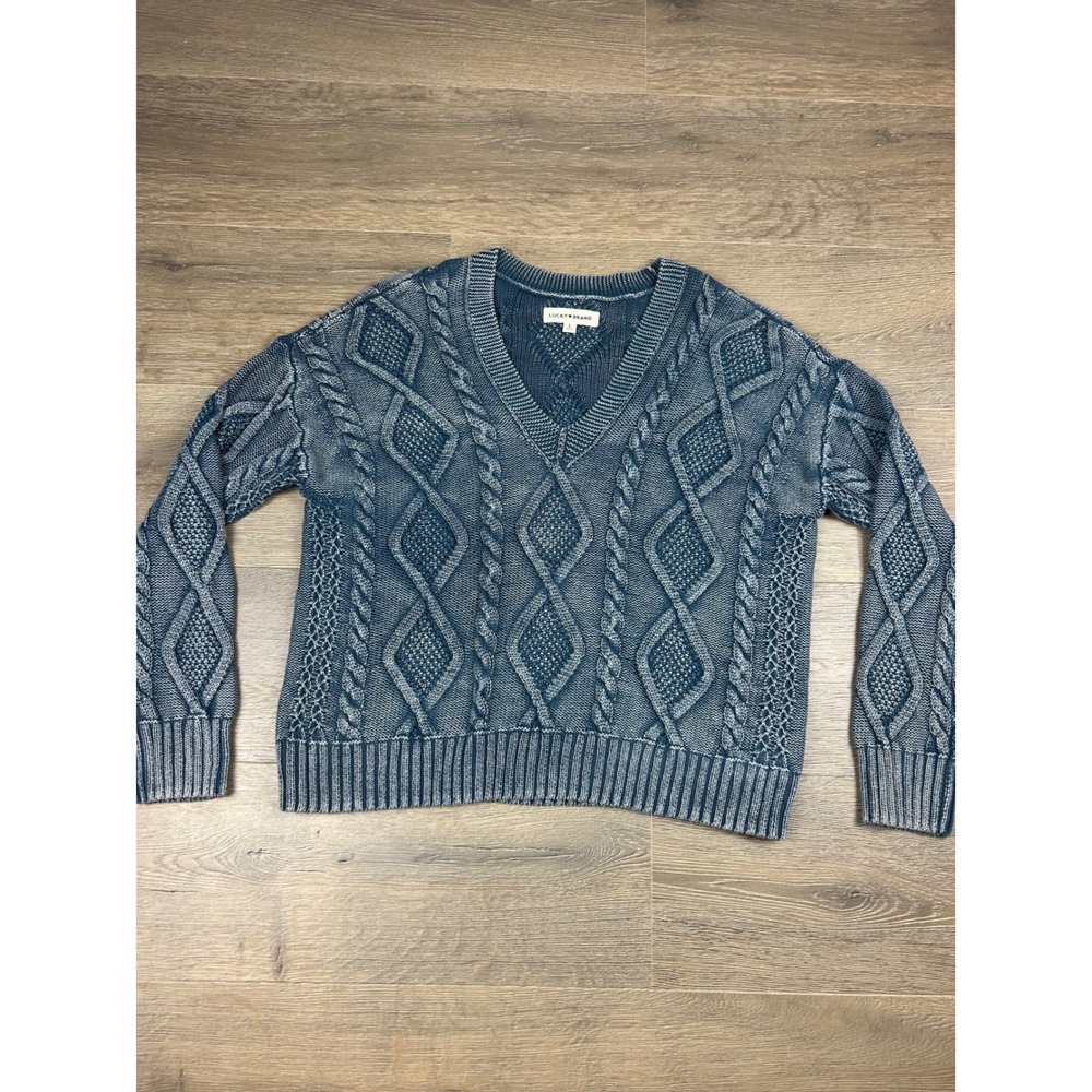 Lucky Brand Womens Blue Cable Knit V-Neck Sweater Acid Wash Boho Pullover Small